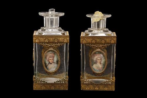 Pair, 19th C. French Gilt & Eglomise Scent Bottles
