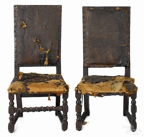 Pair of Flemish walnut side chairs, ca. 1700, with barley twist legs and stretchers