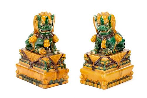 Pair of 24" Chinese Sancai Glazed Pottery Foo Dogs