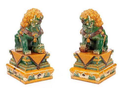 Pair of 34" Chinese Sancai Glazed Pottery Foo Dogs