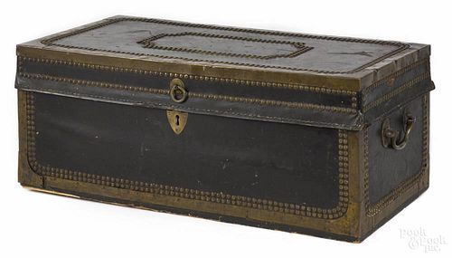 China Trade leather bound camphorwood trunk, mid 19th c., with brass tack decoration