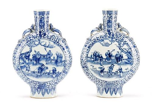 Pair, 19th C. Blue & White Porcelain Moon Flasks