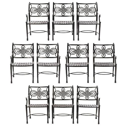 10 Black Painted Metal Patio Chairs w/ Cushions