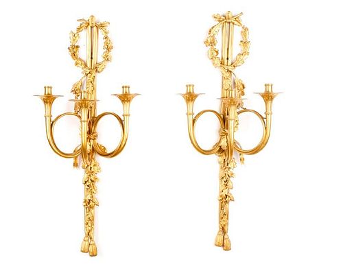 Pair, Fine 2nd Empire Doré Bronze Trumpet Sconces