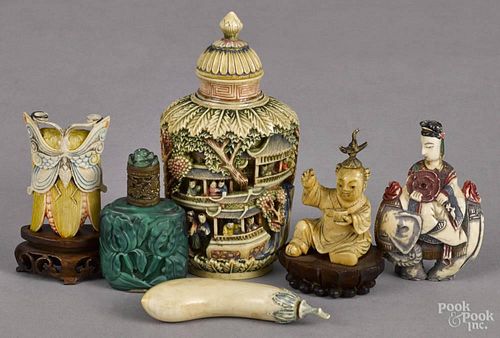 Six Chinese snuff bottles, late 19th c., to include a large ivory example