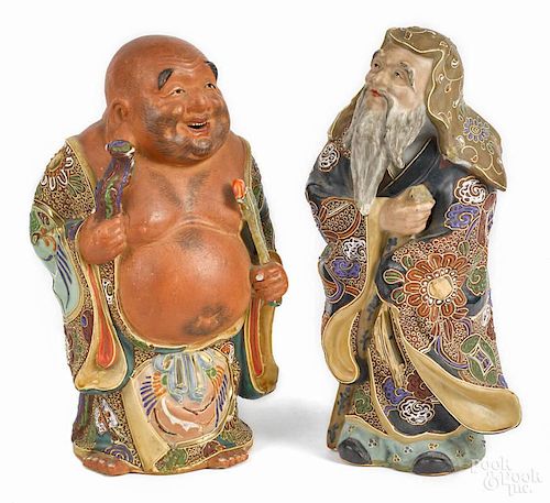 Pair of Japanese pottery figures of a Buddha and a scholar, 9 1/4'' h. and 9 1/2'' h.