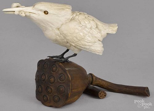 Japanese carved ivory bird, late 19th c., clutching a fish in its beak, mounted on a boxwood perch