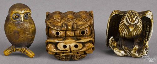 Three Japanese Meiji period carved ivory netsuke.