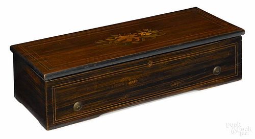 Swiss cylinder music box, late 19th c., with a marquetry inlaid mahogany lid and faux grained case