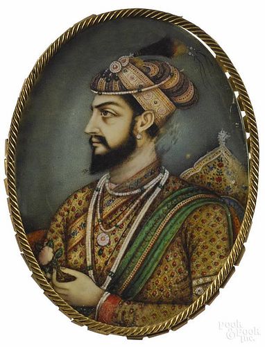 Middle Eastern miniature watercolor portrait of a sultan, 19th c., 3 3/4'' x 3''.