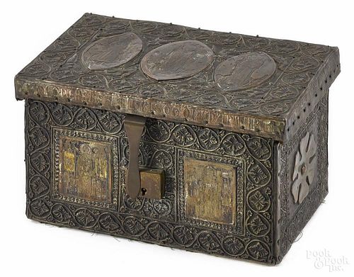 European embossed copper reliquary box, 19th c., probably Greek, with applied icons on the lid