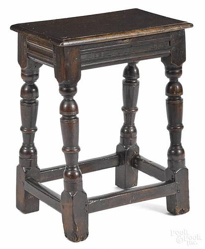 William & Mary oak joint stool, early 18th c., 21 3/4'' h., 17 1/2'' w.