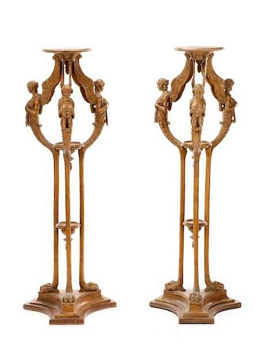 Pair, Carved Fruitwood Plant Stands with Harpies