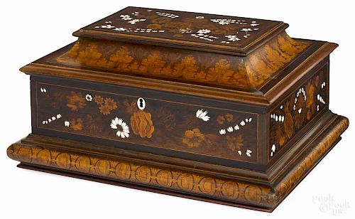 Dutch marquetry inlaid jewelry case, late 19th c., 9'' h., 19 1/4'' w.