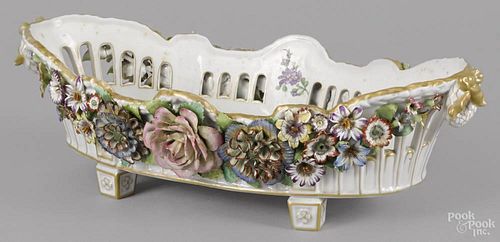 German porcelain centerpiece basket, ca. 1900, with applied floral decoration, 4 1/2'' h.