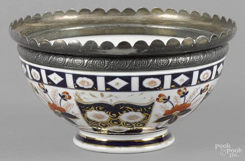 Gaudy Welsh centerpiece bowl, late 19th c., with applied silver plated rim, 5 5/8'' h., 10 1/2'' w.
