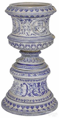 German stoneware three-part jardinière, late 19th c., with relief figural and foliate decoration