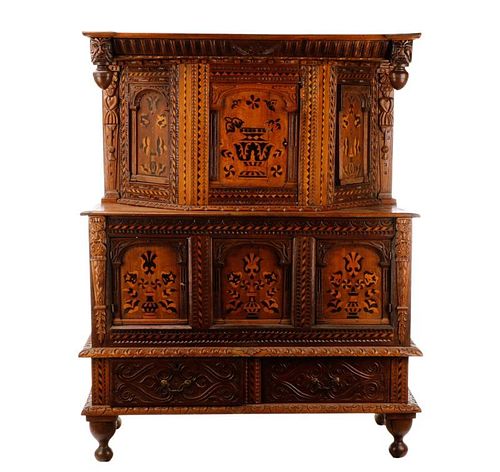 Jacobean Style Marquetry Inlaid Oak Court Cupboard