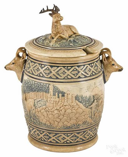 German stoneware tureen, 19th c., with a stag finial and handles, 14 1/2'' h.