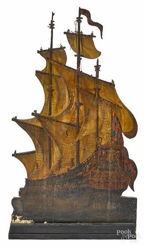 Continental carved and painted galleon-form fireboard, ca. 1900, 42'' h., 23 3/4'' w.