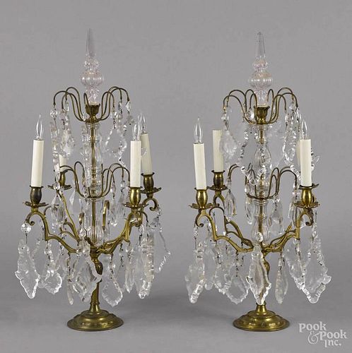 Pair of brass candelabra, ca. 1900, with colorless glass drop pendants, 24 1/2'' h.