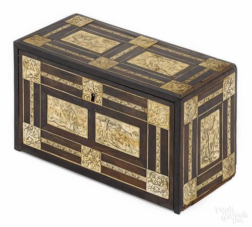 Continental exotic woods dresser box, 19th c., with inlaid bone panels