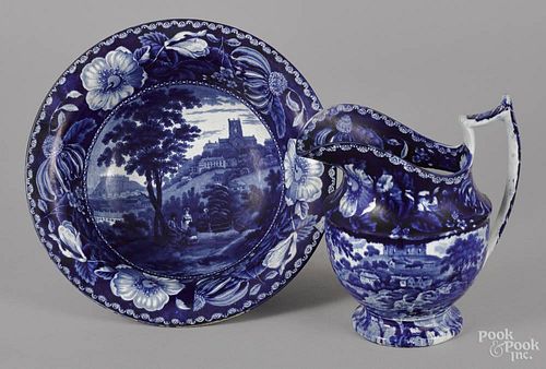 Blue Staffordshire pitcher and basin, 19th c., with English scenery, pitcher - 8 3/4'' h.