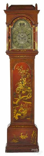 George III Japanned tall case clock, late 18th c., the eight-day works with a brass face
