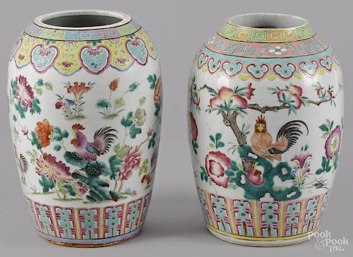 Two Chinese Qing dynasty famille rose porcelain jars, 11 3/4'' h. and 12'' h.