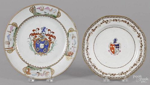 Two Chinese export porcelain armorial plates, late 18th c., 7 5/8'' dia. and 9'' dia.