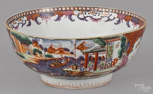 Chinese mandarin palette porcelain bowl, ca. 1800, decorated with junks in a canal, 3 7/8'' h.