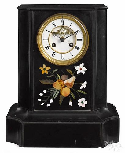 Black marble mantel clock, late 19th c., with a pietra dura inlaid case and French movement