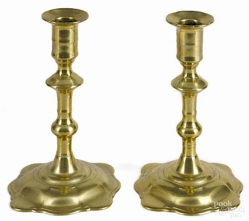 Pair of English Queen Anne brass candlesticks, mid 18th c., 7 1/2'' h.