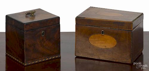 Two English inlaid mahogany tea caddies, ca. 1800, 4 1/4'' h., 5 3/4'' w. and 4 1/4'' h., 4'' w.