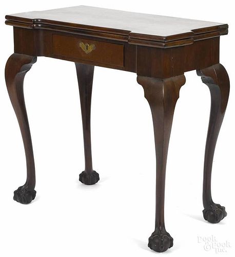 George III mahogany card table, ca. 1770, with blocked corners and ball and claw feet, 28 1/4'' h.