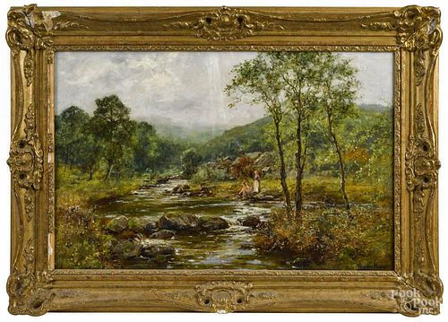 Henry John Yeend King (British 1855-1924), oil on canvas landscape with figures by a river