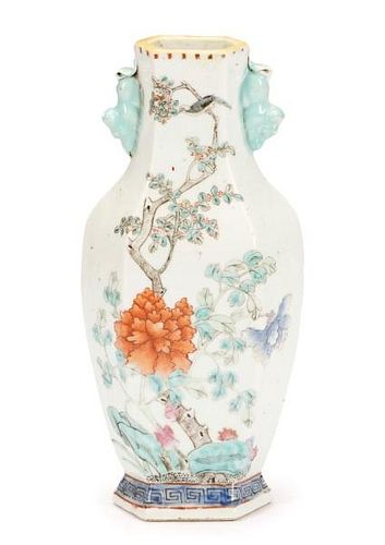 Chinese Porcelain Hexagonal Flask Vase w/ Peonies