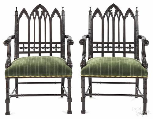 Pair of Georgian style Chinese Chippendale armchairs, 20th c.