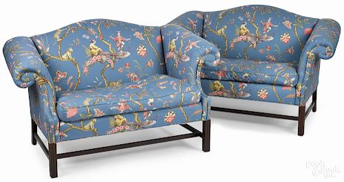Pair of George III style mahogany love seats, 36'' h., 60'' w.