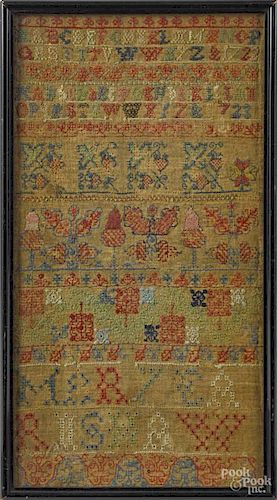 English or Scottish silk on linen sampler, dated 1723, wrought by Mary Earnshaw, 15 1/4'' x 8''.