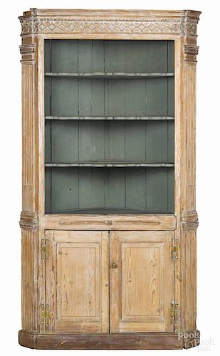 English pine one-piece corner cupboard, late 18th c., 84'' h., 43'' w.