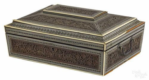 Anglo colonial carved hardwood and bone sewing box, 19th c., with a fitted interior, 5 1/4'' h.