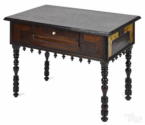 Exotic wood veneer low table, late 19th c., with a single drawer and bone inlaid ends, 21'' h.
