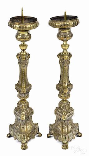 Pair of Continental brass pricket sticks, late 19th c., 28 1/2'' h.