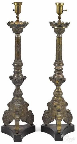 Pair of Continental brass ecclesiastical pricket sticks, 18th/19th c., 31'' h.