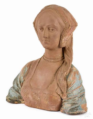 Continental terra cotta bust of a woman, late 19th c., 18'' h.