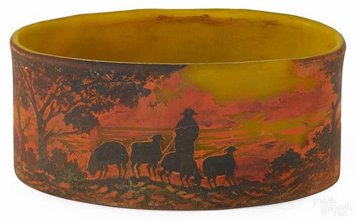 Muller Fres cameo glass bowl, decorated with sheep in a landscape, 3 3/4'' h., 8 1/4'' w.