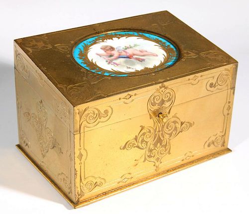 A FRENCH LOUIS XV STYLE BRONZE DORE BOX WITH PORCELAIN