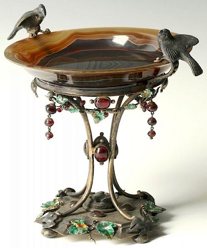 A 19TH C. CONTINENTAL SILVER AND AGATE TAZZA WITH JEWELS