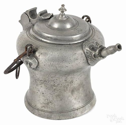 Swiss pewter sugar water jar, ca. 1800, bearing the touch of H. C. Bosshart, Zurich, 6'' h.